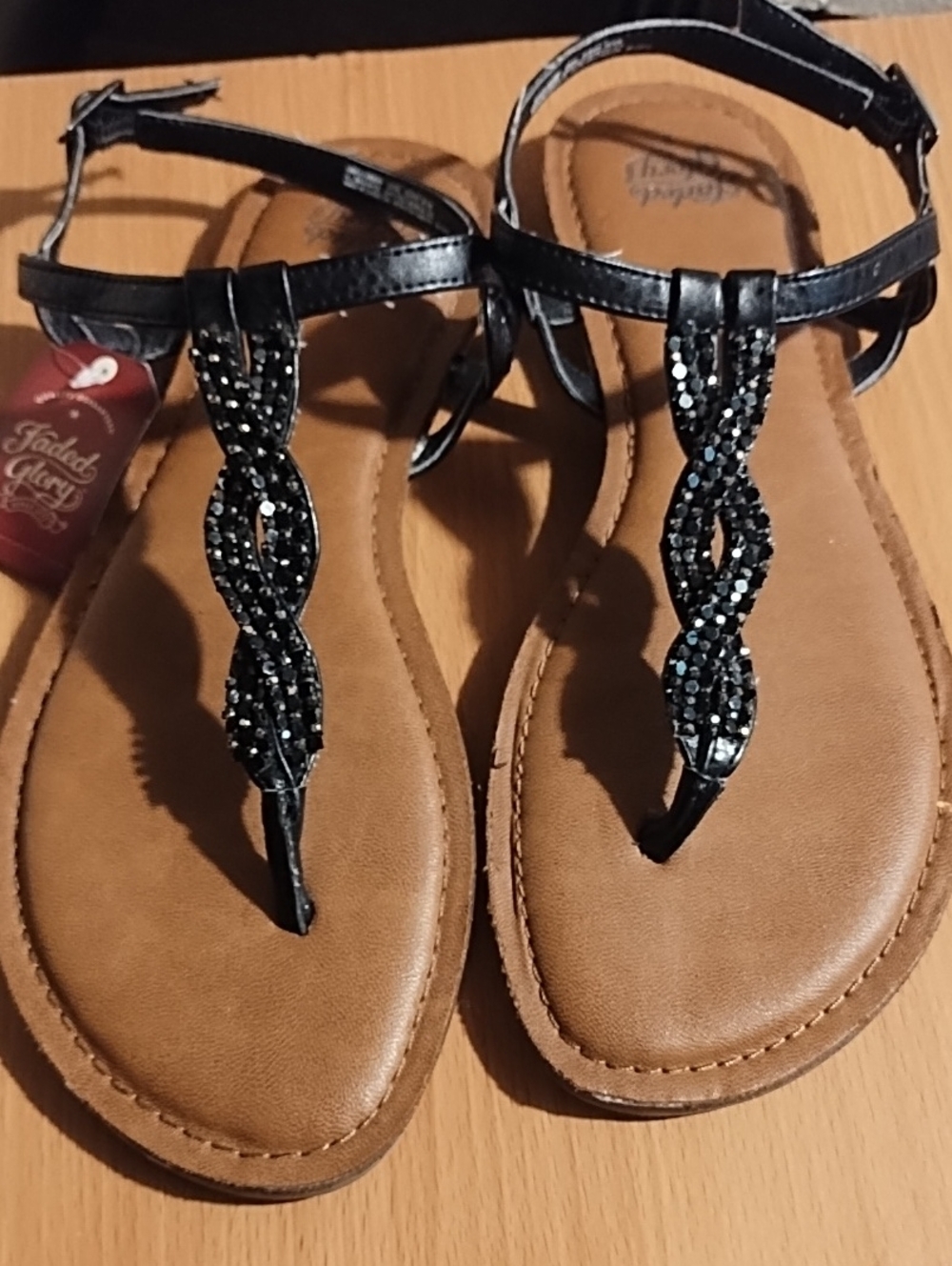 Faded Glory NWT Black Glitter Jeweled T-Strap Sandals Size 9.